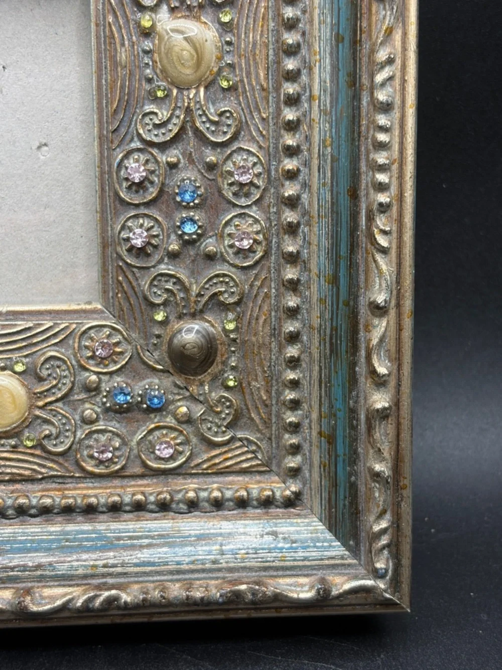 Vintage Bejeweled Crystal Enamel Gilt Wood Ornate Picture Frame Photo Display